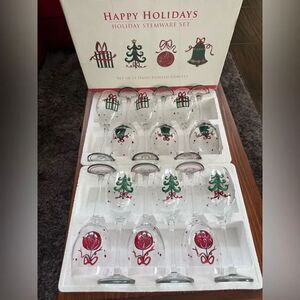 Vintage 🎄 Happy Holidays Hand-Painted Stemware Set – 12 Goblets EUC 🎄